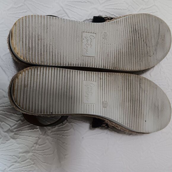 Crown Vintage Bonire 2 Women’s Sz 8.5 Black/Tan Sandal Ankle Strap Fringe Burlap - Picture 6 of 9